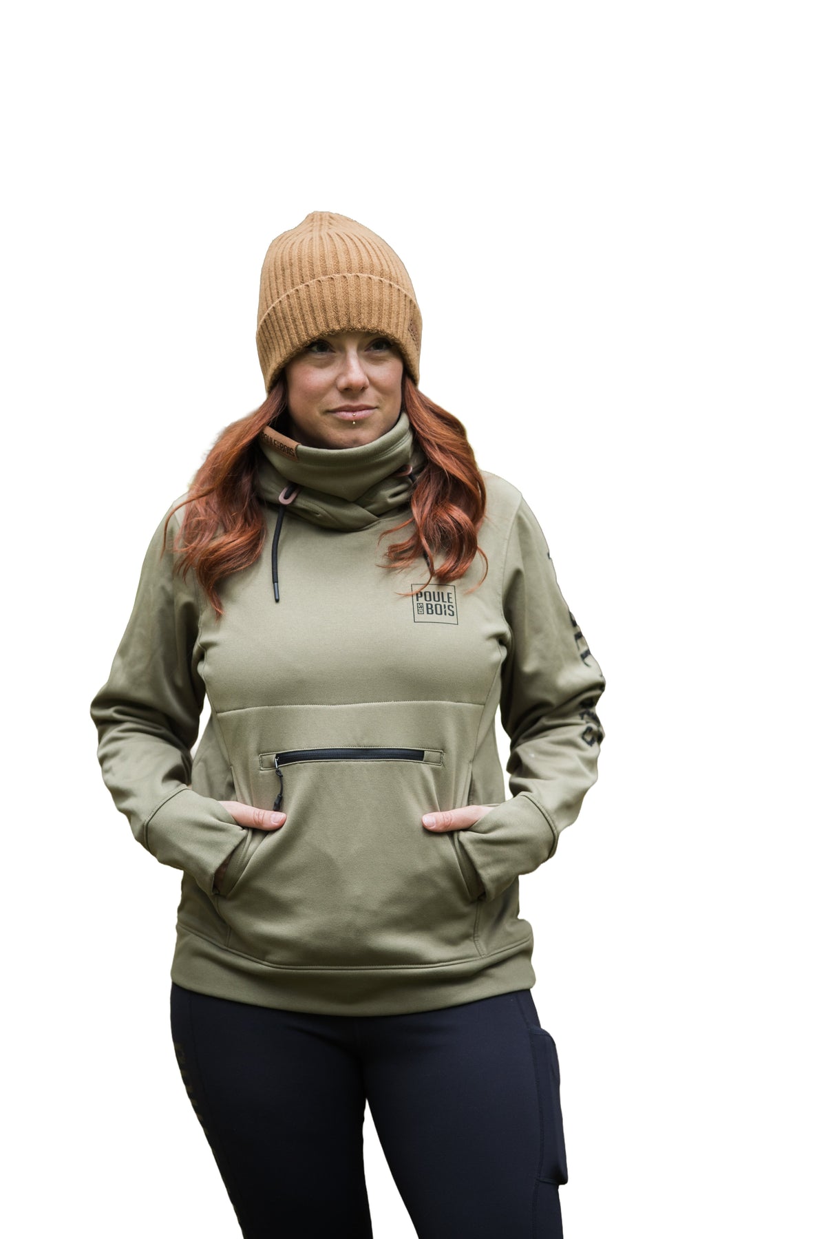 Hoodie Elva olive pour femme de Poule des Bois, vue de face avec poche avant zippée