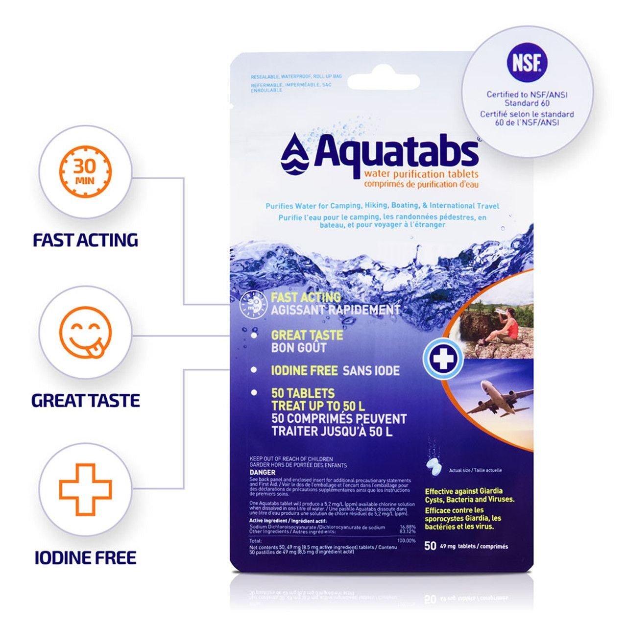 AQUATABS 50 PASTILLES POUR 1L - PLEIN AIR CAMPING ET SURVIE - PURIFICATION