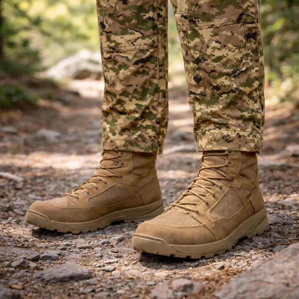 Bottes de combat en daim et en maille, avec coutures renforcées, portées par quelqu’un portant un pantalon camouflage sur un sentier rocheux.