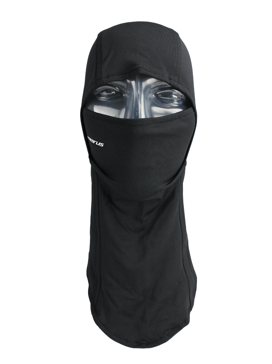Cagoule Seirus Dynamax Hinged Headliner noire, vue de face avec le bas du visage couvert