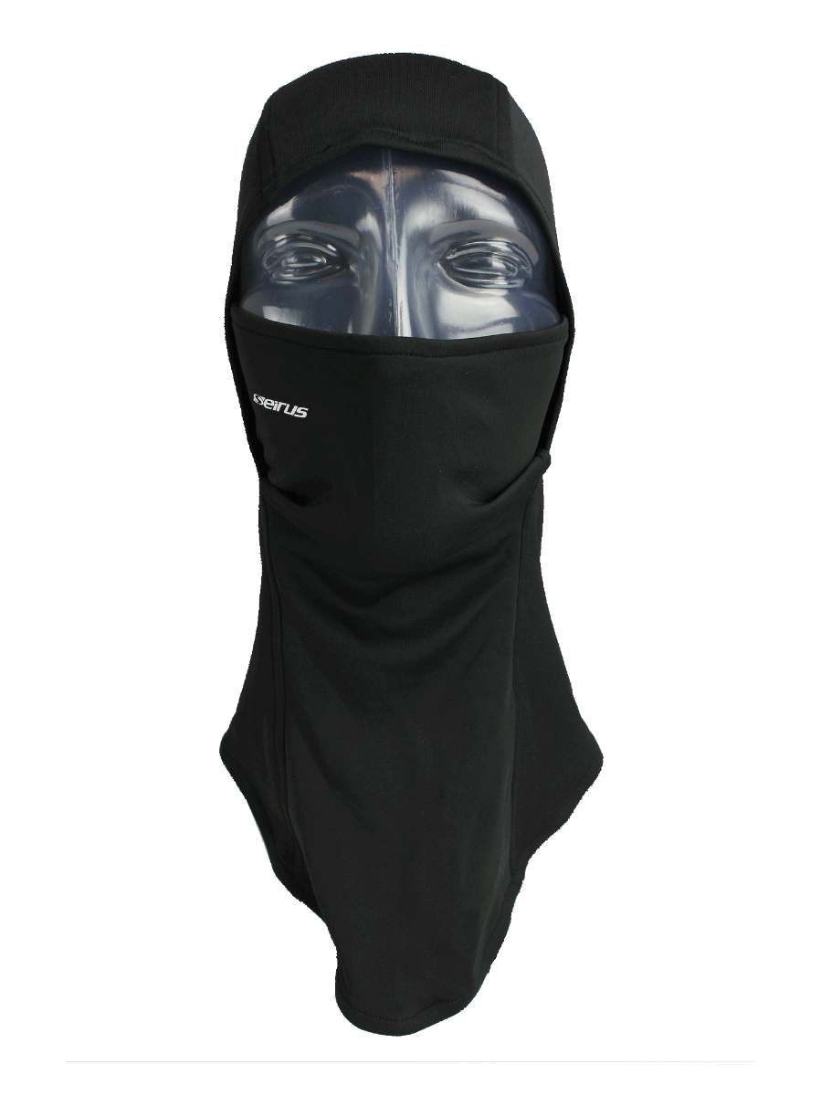 Cagoule Seirus LiteWave50 Hinged Headliner noire, vue de face avec le visage couvert