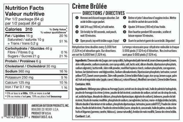 CRÈME BRÛLÉE - 2 PORTIONS - BACKPACKERS PANTRY - PLEIN AIR CAMPING ET SURVIE - NOURRITURE