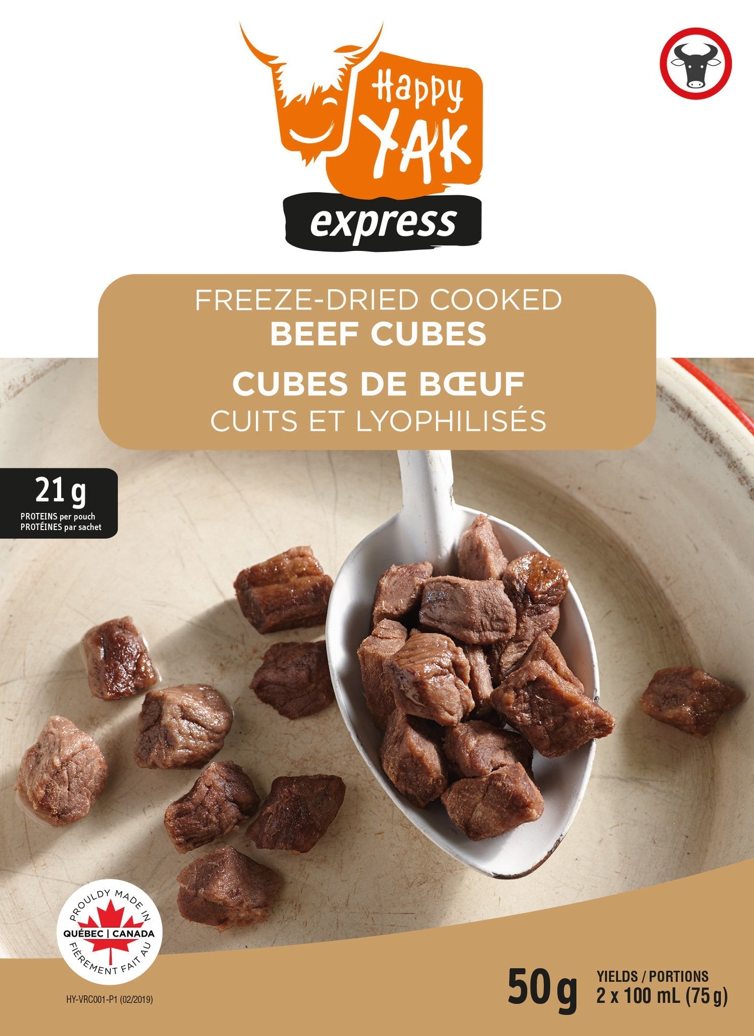 CUBES DE BOEUF CUITS ET LYOPHILISÉS (50 GR) HAPPY YAK - PLEIN AIR CAMPING ET SURVIE - NOURRITURE