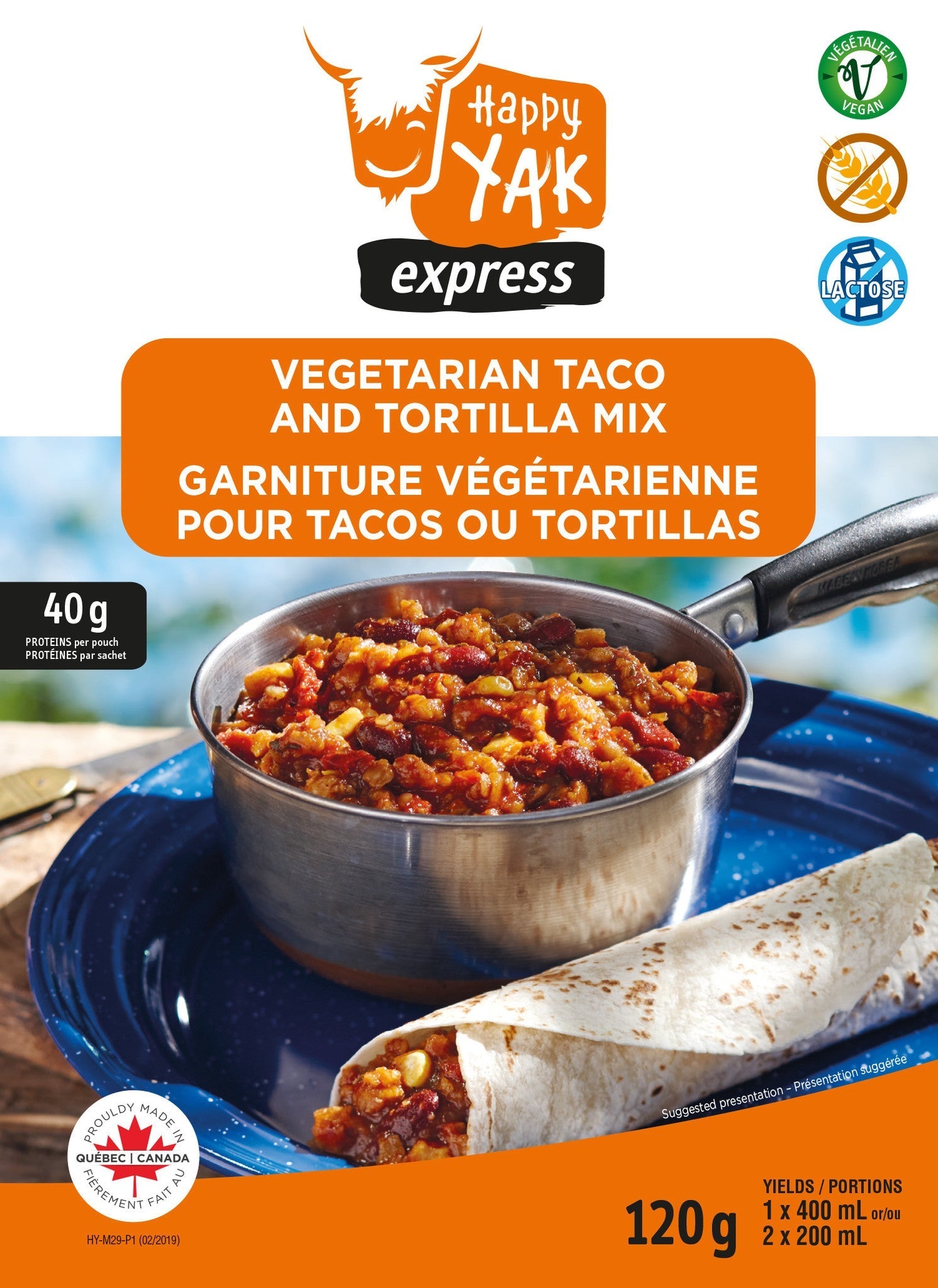 GARNITURE VÉGÉTARIENNE POUR TACOS OU TORTILLAS HAPPY YAK - PLEIN AIR CAMPING ET SURVIE - NOURRITURE