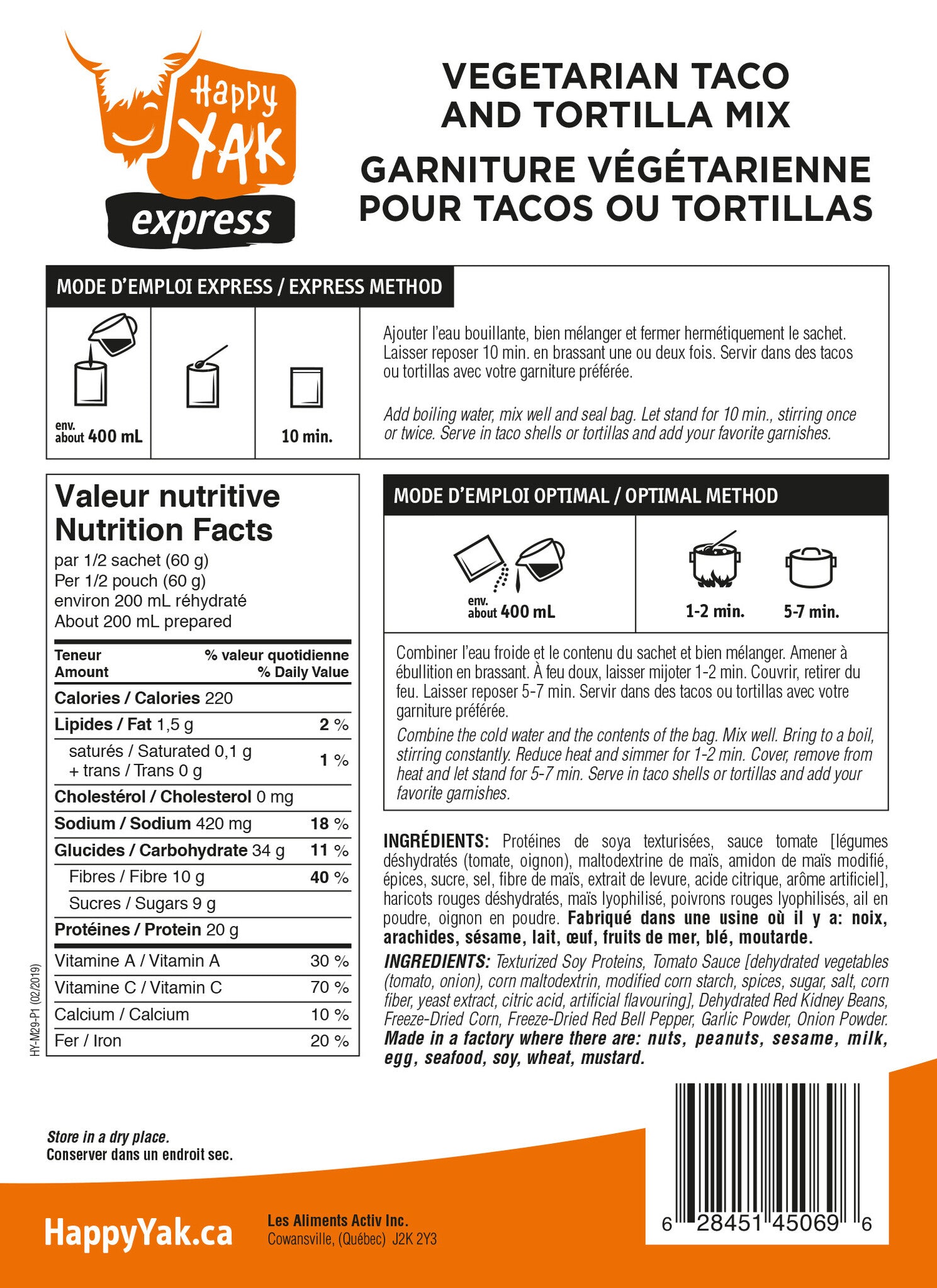 GARNITURE VÉGÉTARIENNE POUR TACOS OU TORTILLAS HAPPY YAK - PLEIN AIR CAMPING ET SURVIE - NOURRITURE