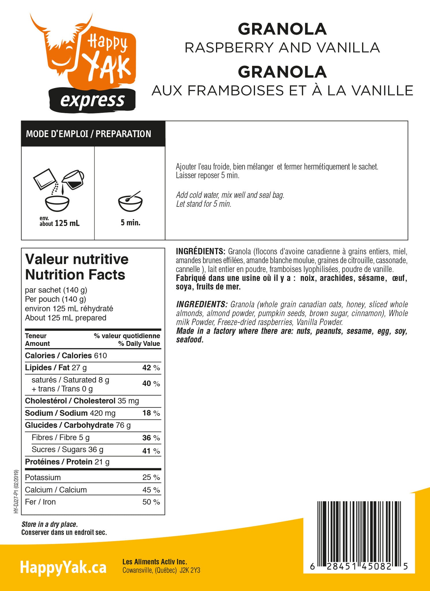 GRANOLA AUX FRAMBOISES ET VANILLE HAPPY YAK - PLEIN AIR CAMPING ET SURVIE - NOURRITURE