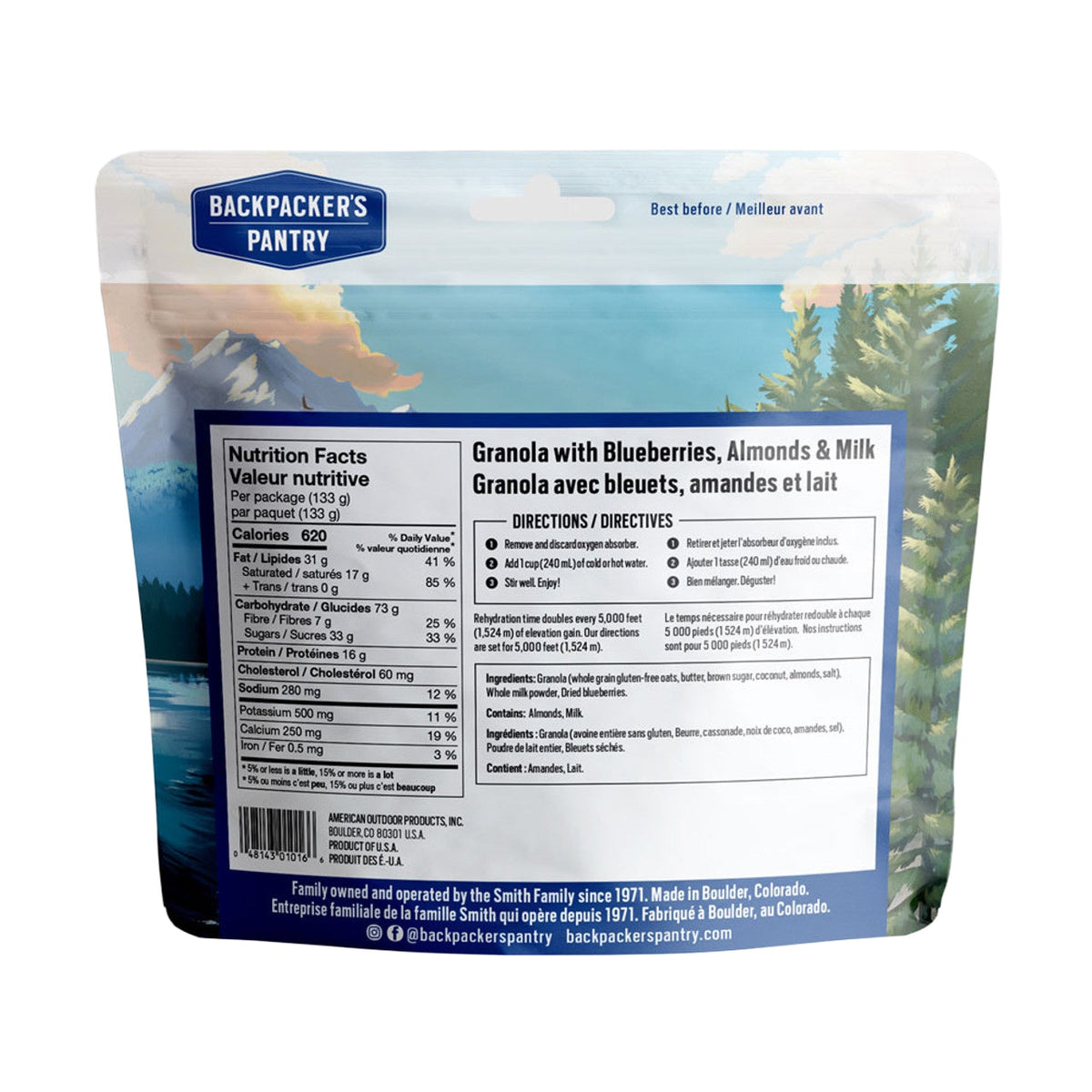 GRANOLA AVEC BLEUETS ET LAIT - 1 PORTION - BACKPACKERS PANTRY - PLEIN AIR CAMPING ET SURVIE - NOURRITURE