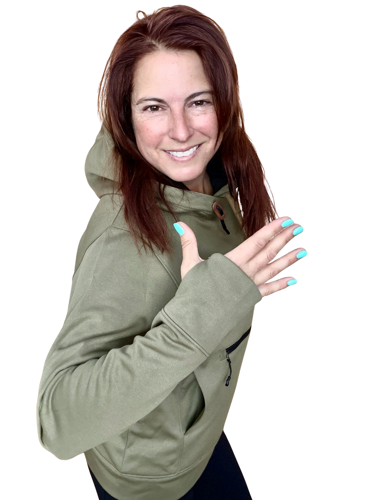 Poignet du hoodie Elva olive avec ouverture pour le pouce