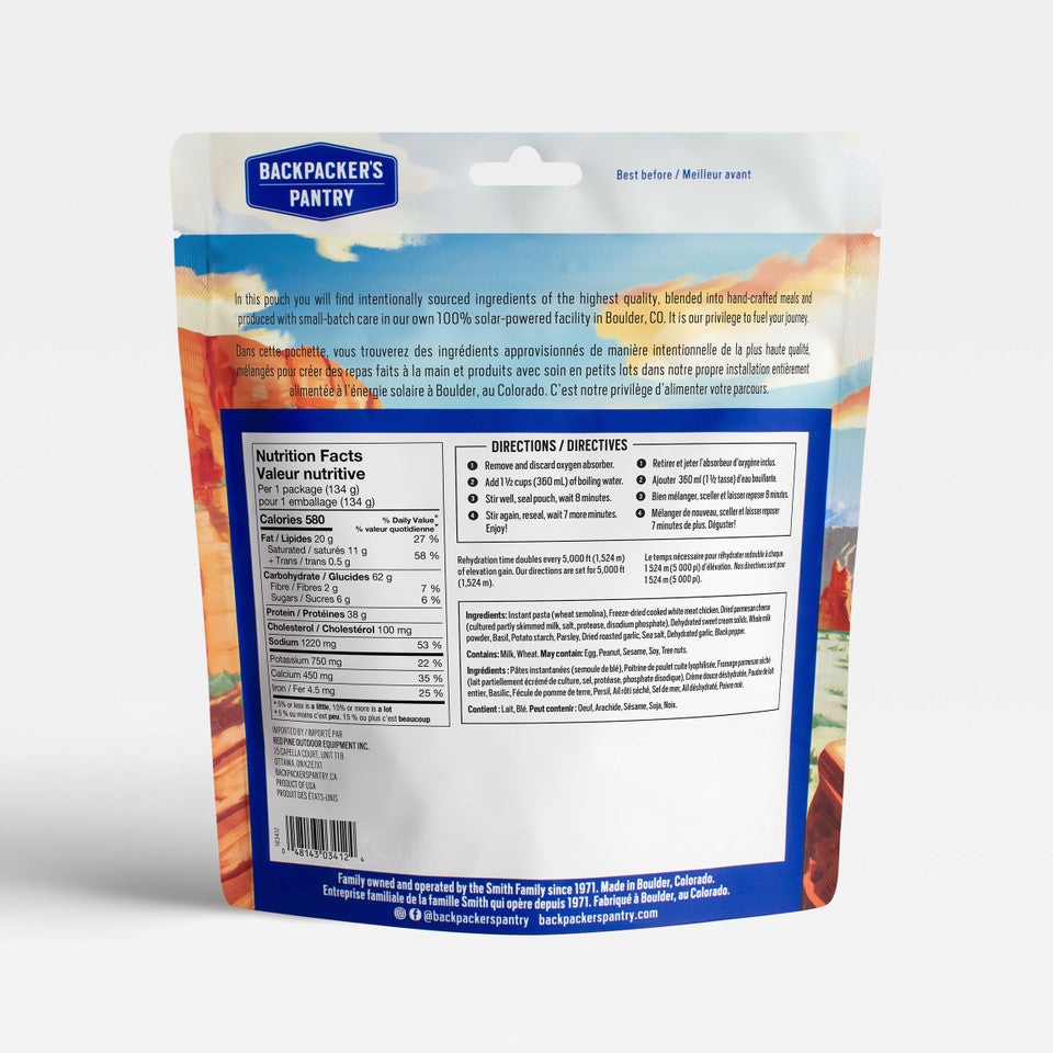 PÂTES AU PESTO ET POULET - 1 PORTION - BACKPACKERS PANTRY - PLEIN AIR CAMPING ET SURVIE - NOURRITURE