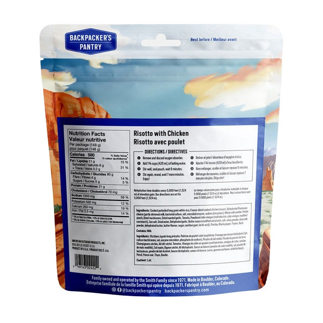 RISOTTO AVEC POULET - 1 PORTION - BACKPACKERS PANTRY - PLEIN AIR CAMPING ET SURVIE - NOURRITURE