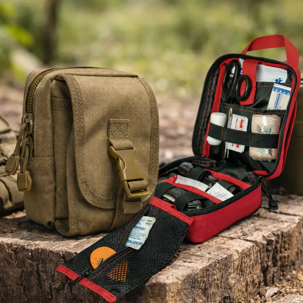 Trousse de premiers secours tactique avec intérieur rouge et sangles noires, comprenant des compartiments organisés pour le matériel médical.