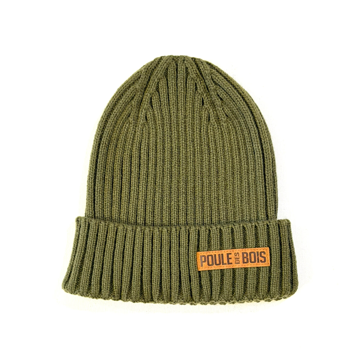 Tuque Beanie Poule des Bois olive, vue du tricot côtelé et du revers