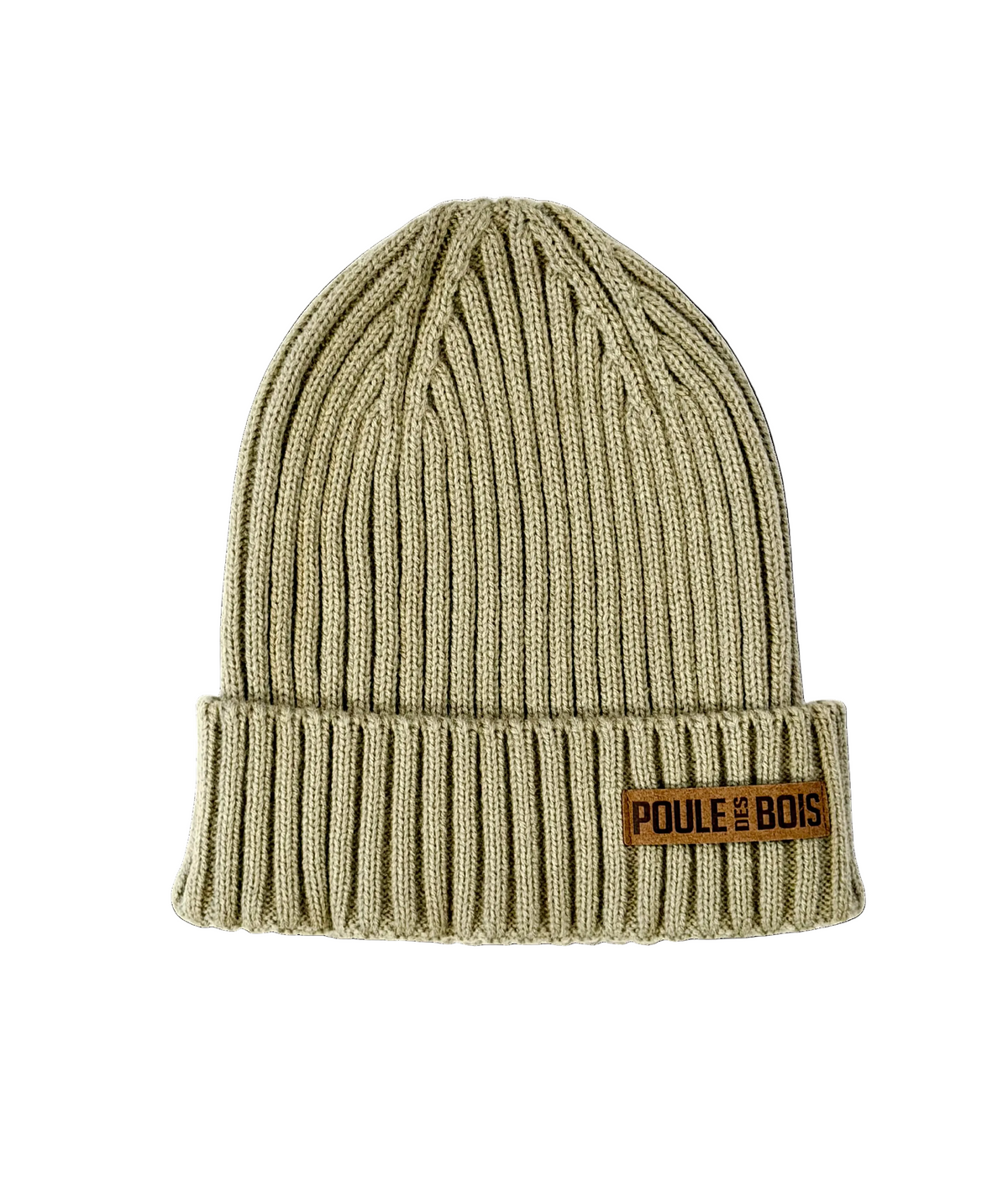 Tuque Beanie Poule des Bois sauge, tricot côtelé avec revers et écusson en faux suède