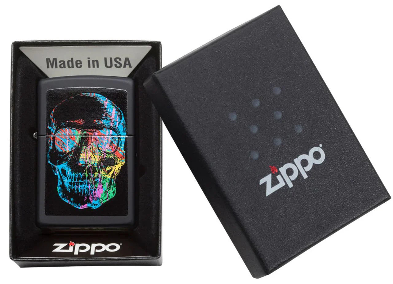 ZIPPO NOIR AVEC CRÂNE MULTICOLORE - PLEIN AIR CAMPING ET SURVIE - BRIQUETS