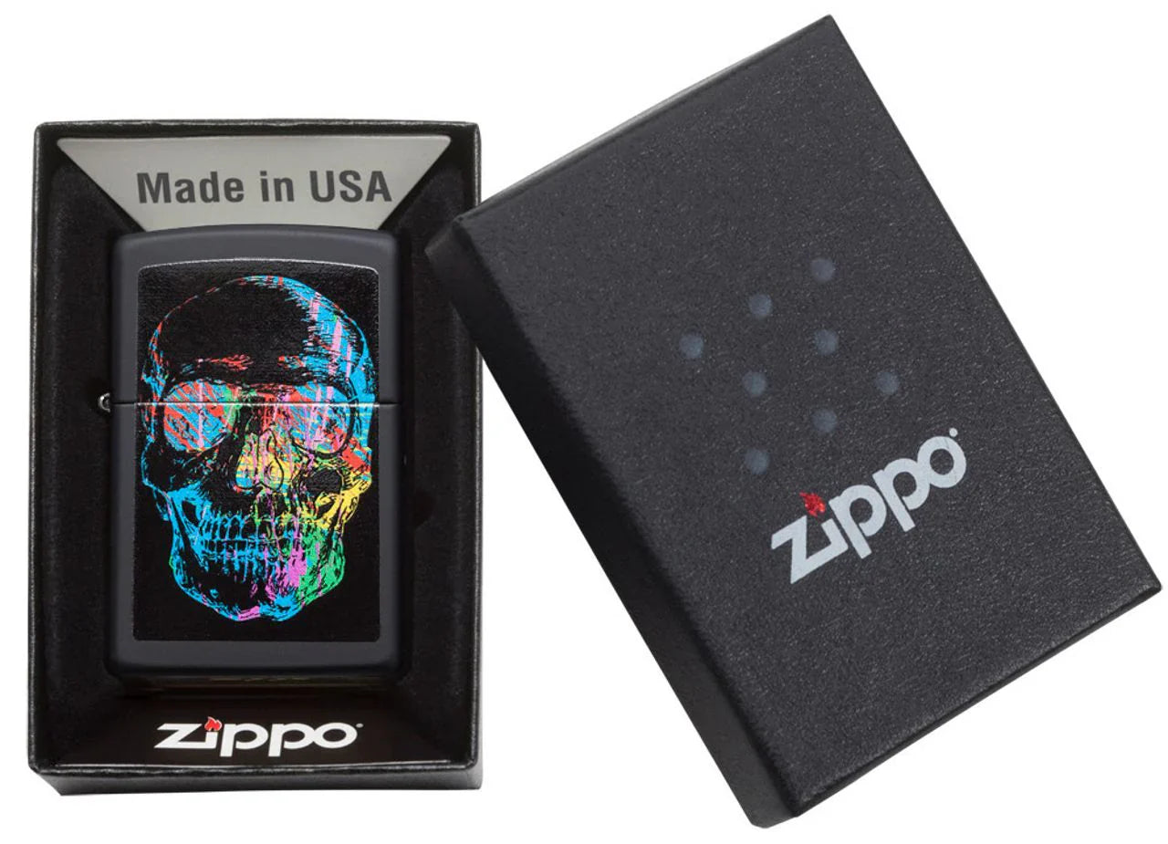 ZIPPO NOIR AVEC CRÂNE MULTICOLORE - PLEIN AIR CAMPING ET SURVIE - BRIQUETS