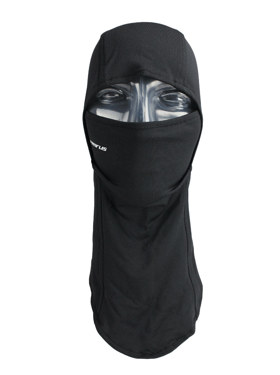 Cagoule Seirus Dynamax Hinged Headliner noire, vue de face avec le bas du visage couvert