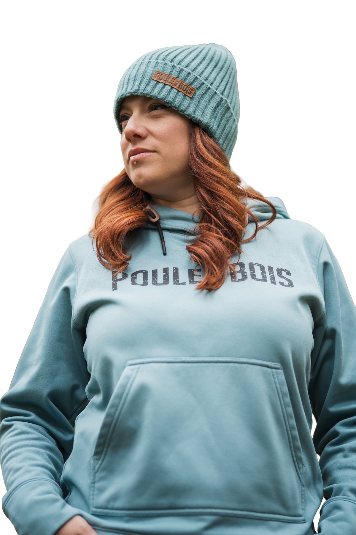Hoodie Yuma sarcelle pour femme de Poule des Bois, vue de face avec poche kangourou