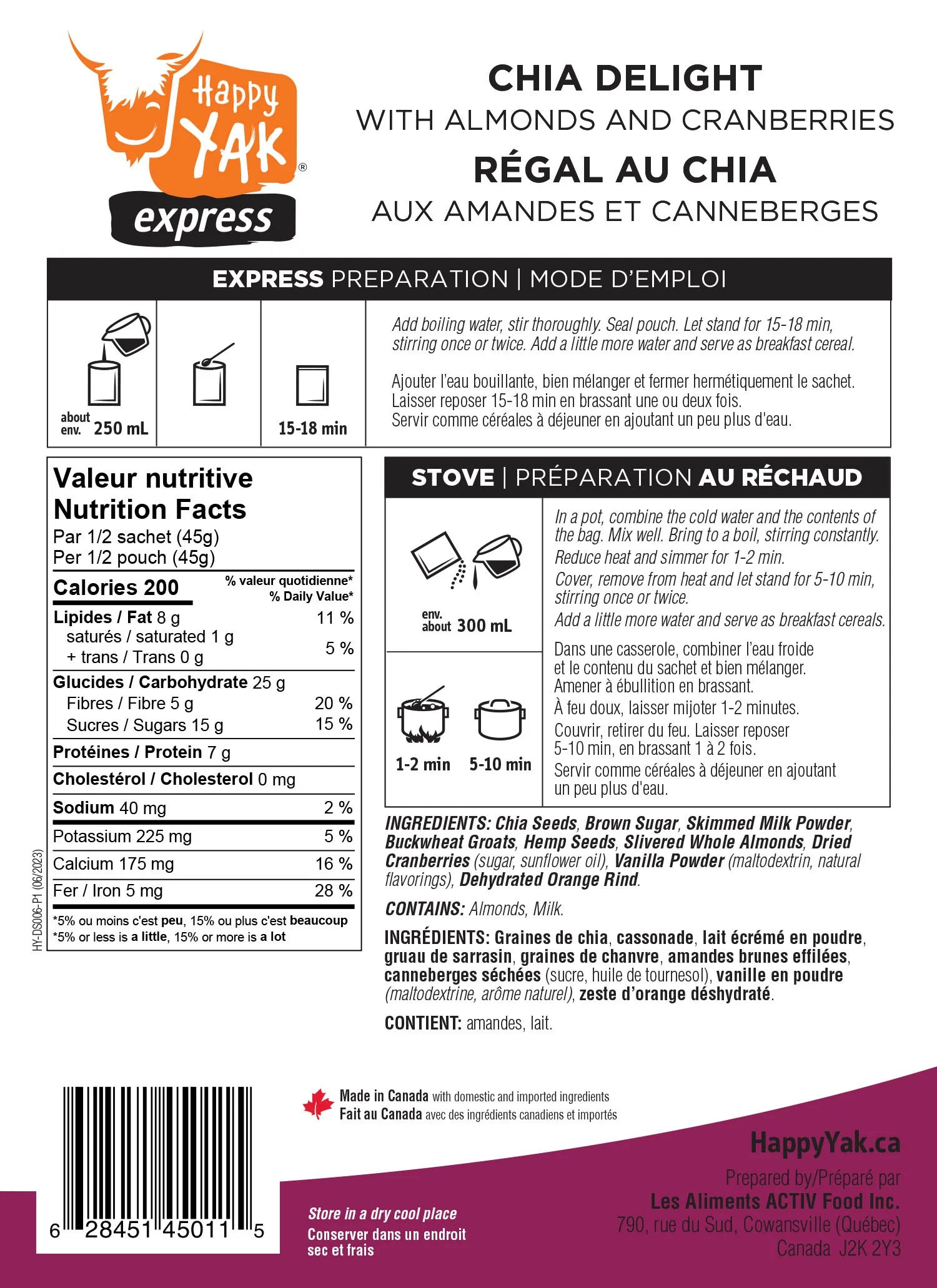 RÉGAL AU CHIA AUX AMANDES ET CANNEBERGES HAPPY YAK