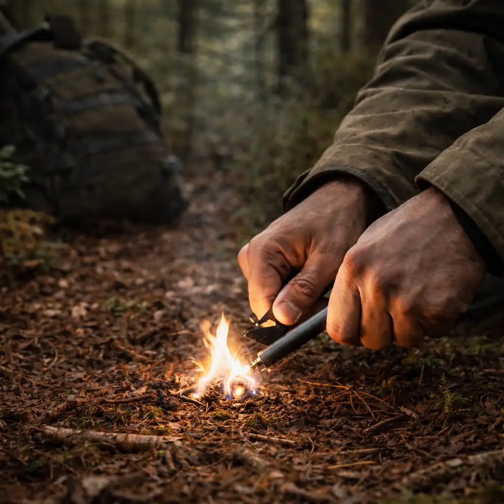Allumeur de feu cylindrique noir avec une pointe métallique utilisé pour enflammer une flamme dans un décor forestier