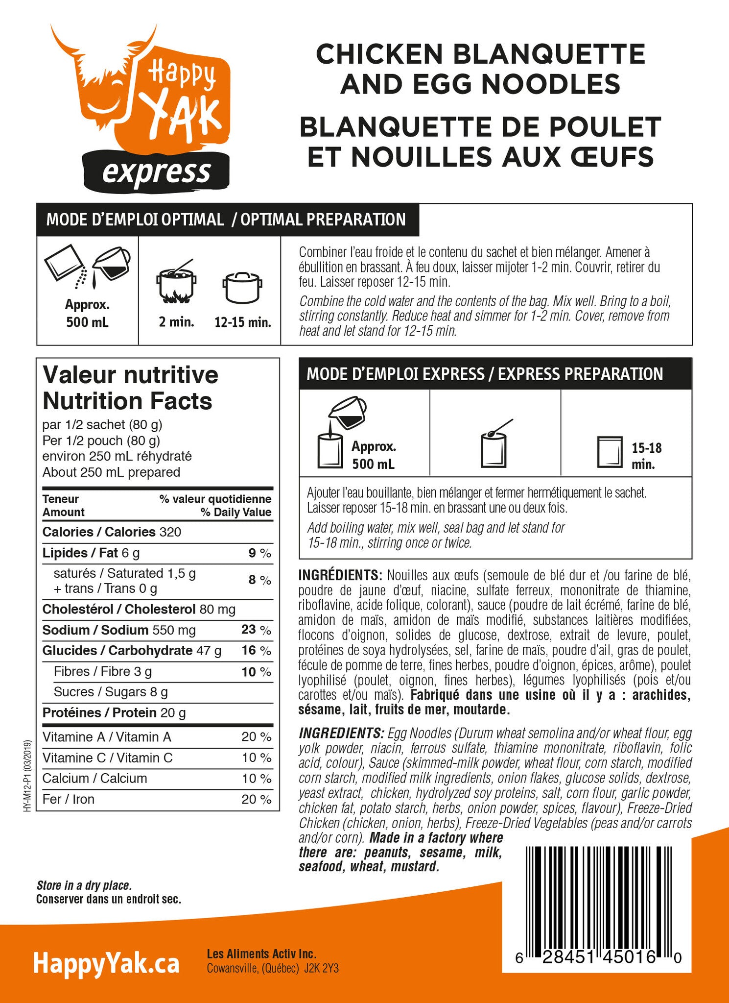 BLANQUETTE DE POULET ET NOUILLES AUX OEUFS HAPPY YAK - PLEIN AIR CAMPING ET SURVIE - NOURRITURE