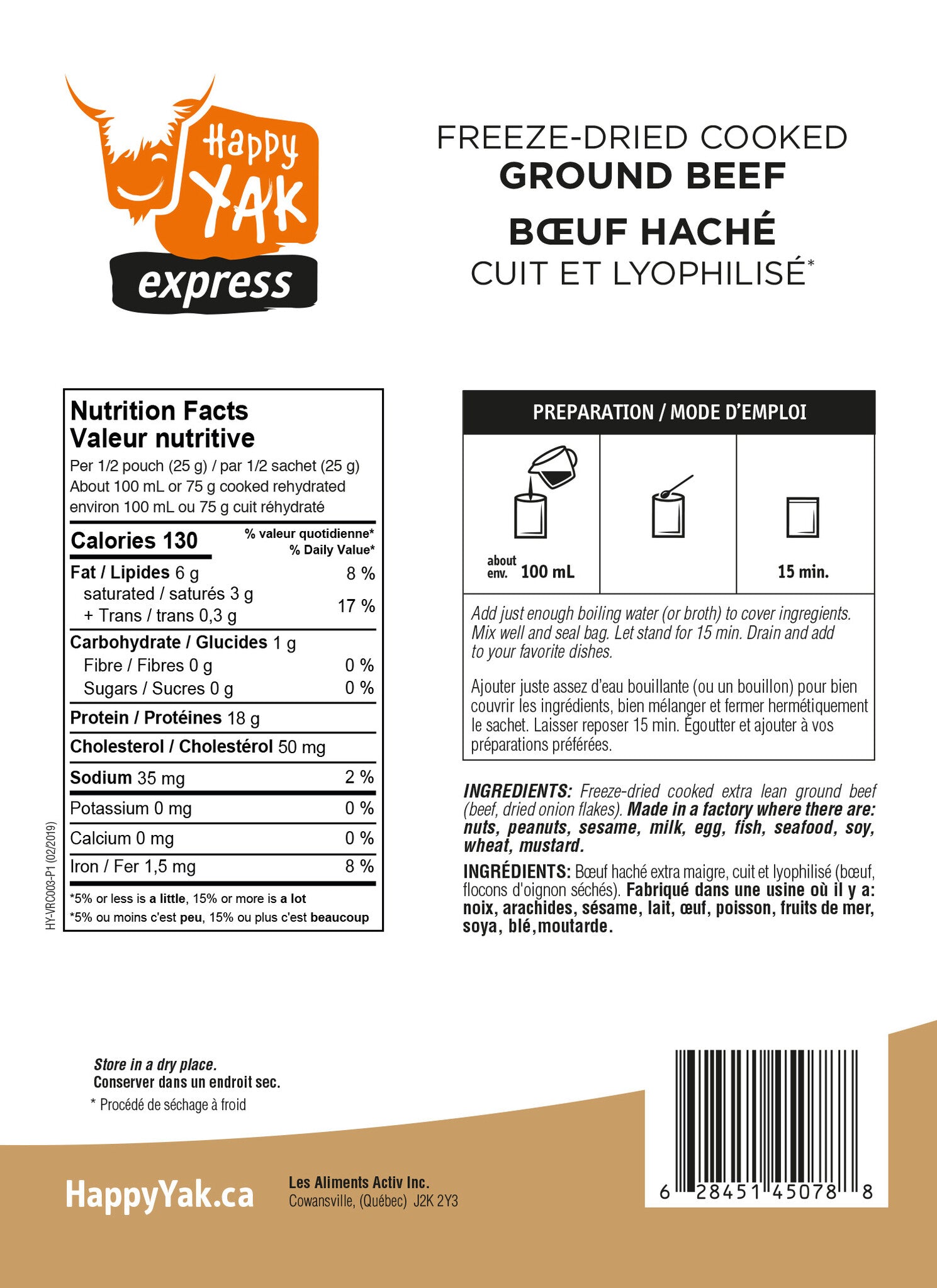 BOEUF HACHÉ CUIT ET LYOPHILISÉ (50GR) HAPPY YAK - PLEIN AIR CAMPING ET SURVIE - NOURRITURE
