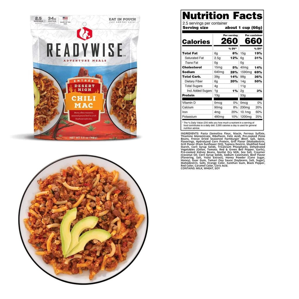 CHILI AU MACARONI AVEC BOEUF READYWISE - PLEIN AIR CAMPING ET SURVIE - NOURRITURE