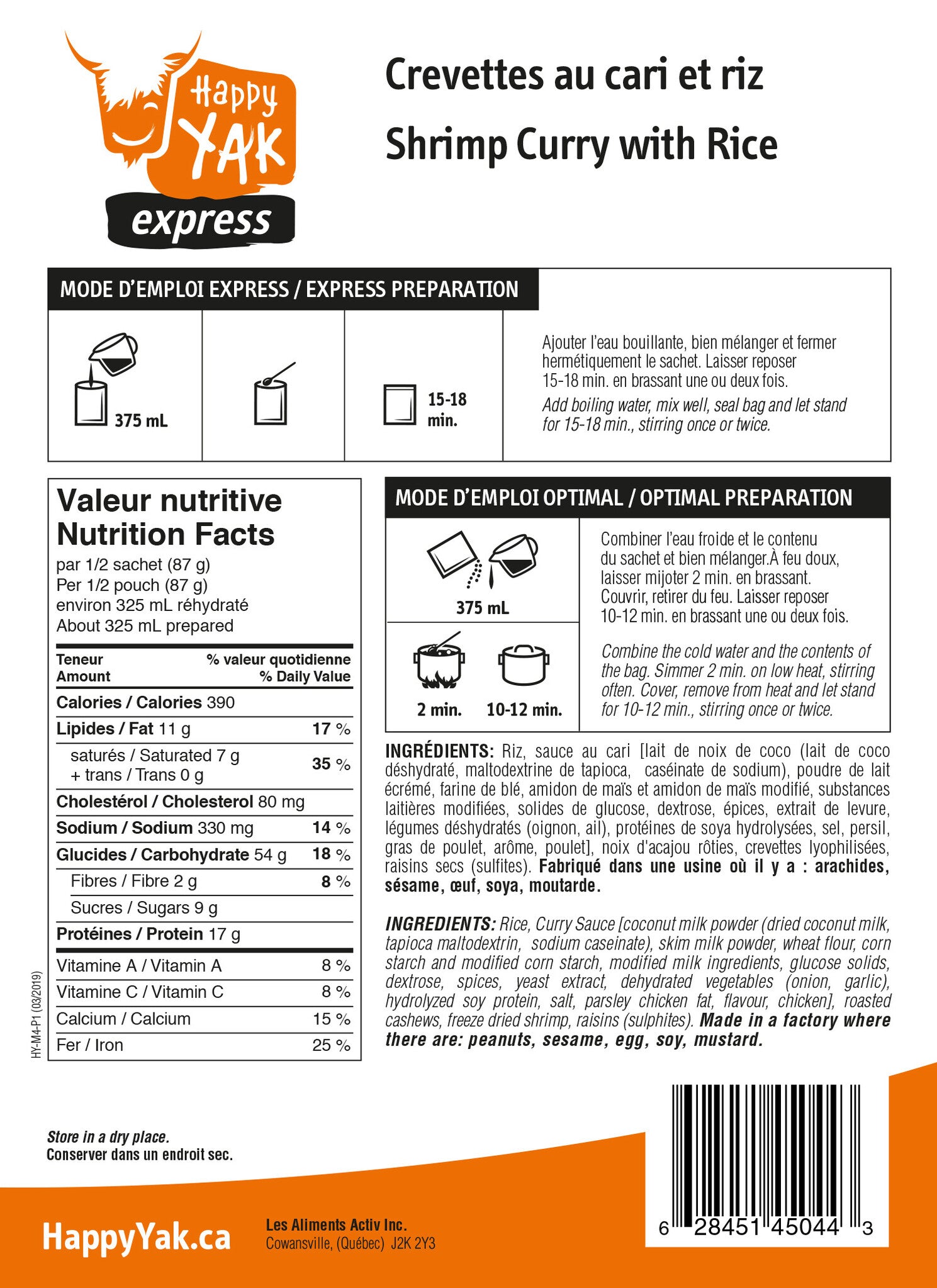 CREVETTES AU CARI ET RIZ HAPPY YAK - PLEIN AIR CAMPING ET SURVIE - NOURRITURE