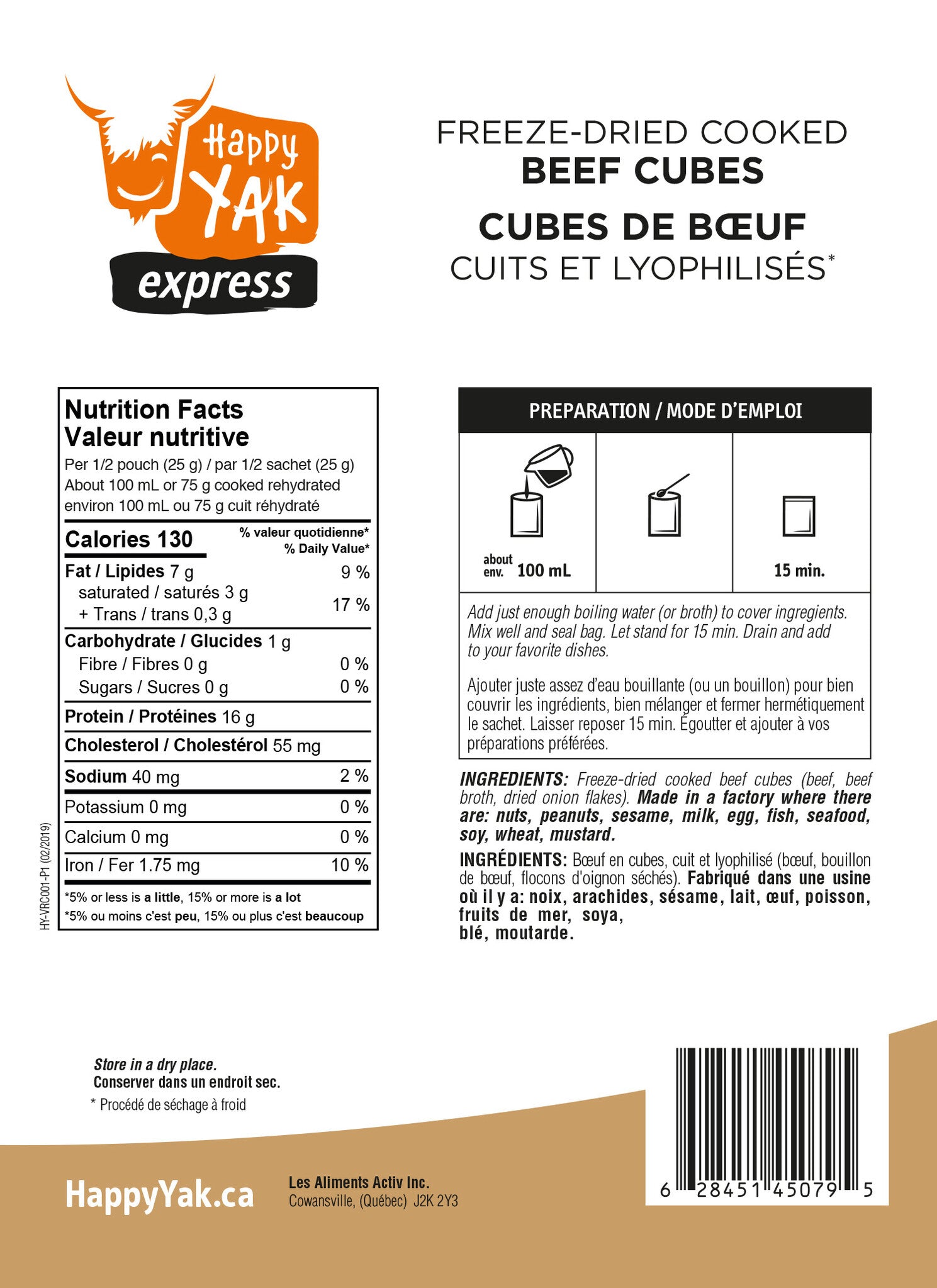 CUBES DE BOEUF CUITS ET LYOPHILISÉS (50 GR) HAPPY YAK - PLEIN AIR CAMPING ET SURVIE - NOURRITURE