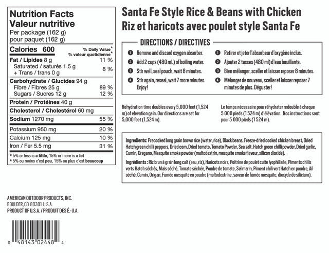 RIZ ET HARICOTS AVEC POULET STYLE SANTA FE - 1 PORTION - BACKPACKERS PANTRY