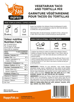 GARNITURE VÉGÉTARIENNE POUR TACOS OU TORTILLAS HAPPY YAK - PLEIN AIR CAMPING ET SURVIE - NOURRITURE