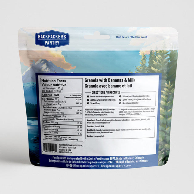 GRANOLA AVEC BANANES ET LAIT - 1 PORTION - BACKPACKERS PANTRY - PLEIN AIR CAMPING ET SURVIE - NOURRITURE