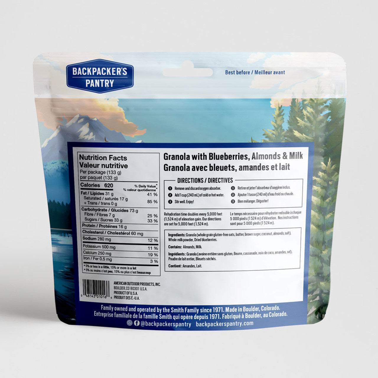 GRANOLA AVEC BLEUETS ET LAIT - 1 PORTION - BACKPACKERS PANTRY - PLEIN AIR CAMPING ET SURVIE - NOURRITURE