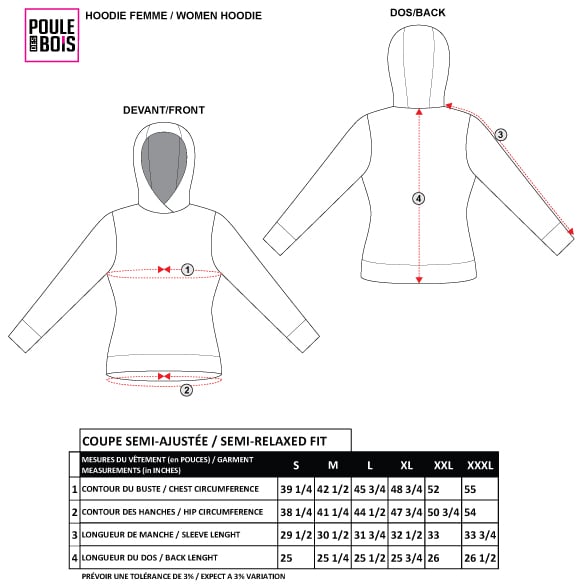 Guide des tailles du hoodie pour femme Poule des Bois : mesures du vêtement en pouces, du S au XXXL