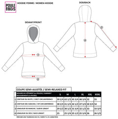 Guide des tailles du hoodie pour femme Poule des Bois : mesures du vêtement en pouces, du S au XXXL