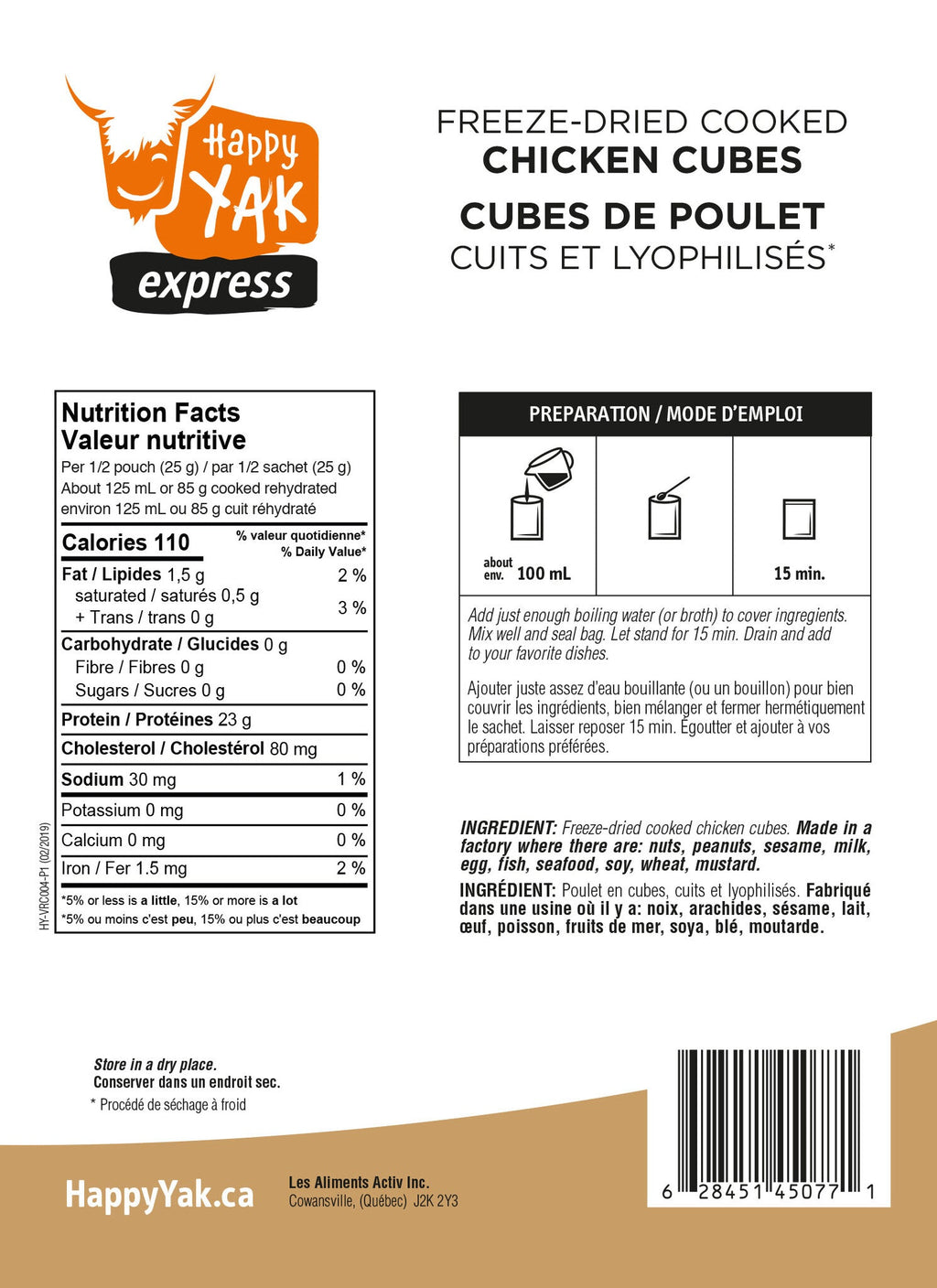 CUBES DE POULET CUITS ET LYOPHILISÉS (50 GR)