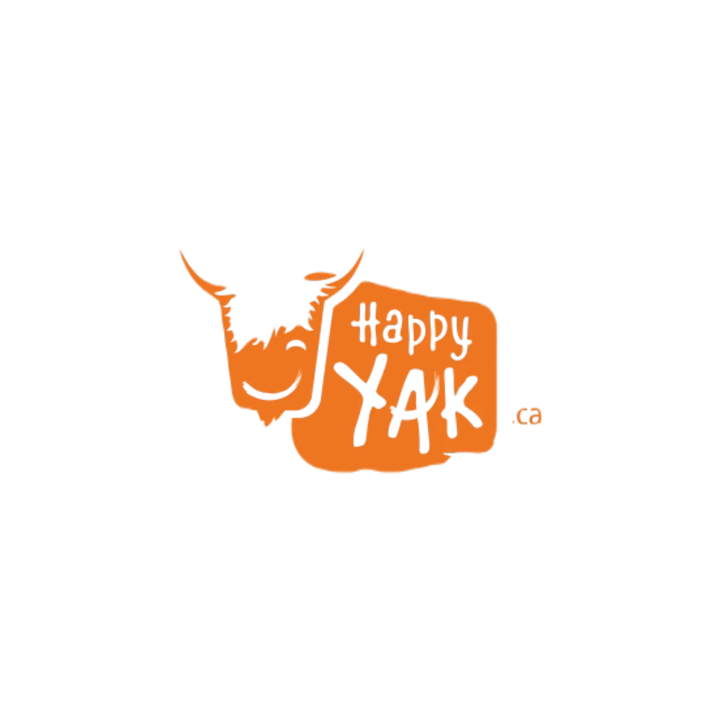 Logo de yack de dessin animé orange avec le texte « happy yak ».
