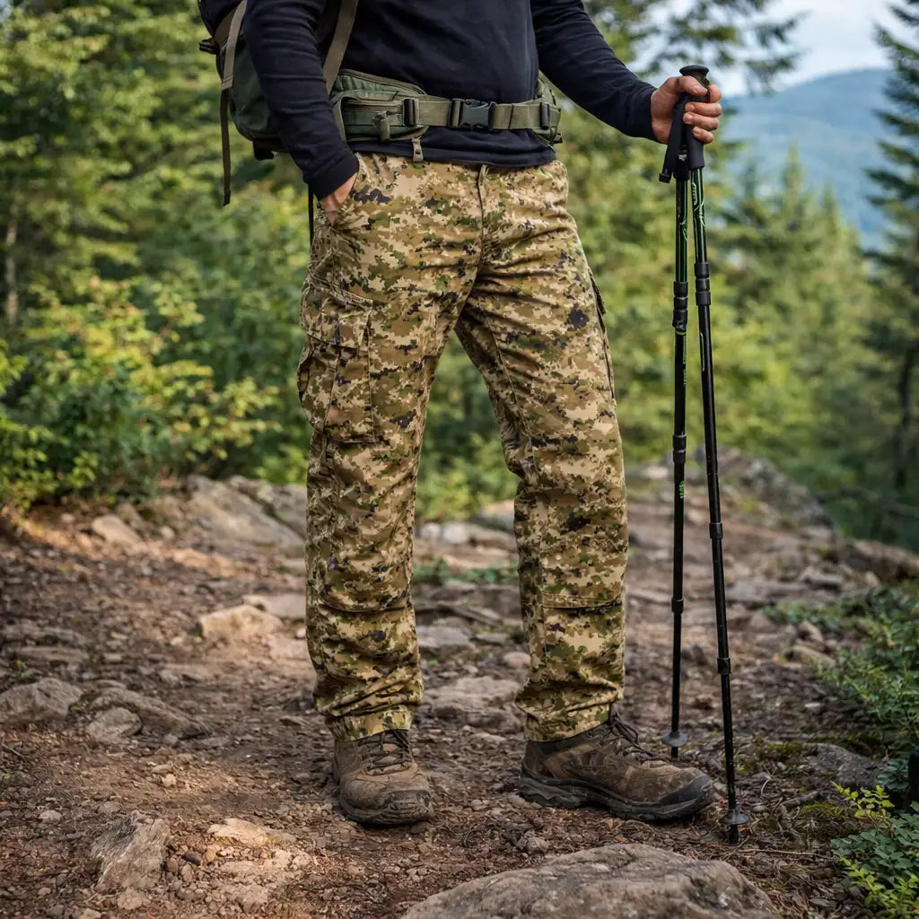 Pantalon de randonnée camouflage avec plusieurs poches cargo et un tissu durable