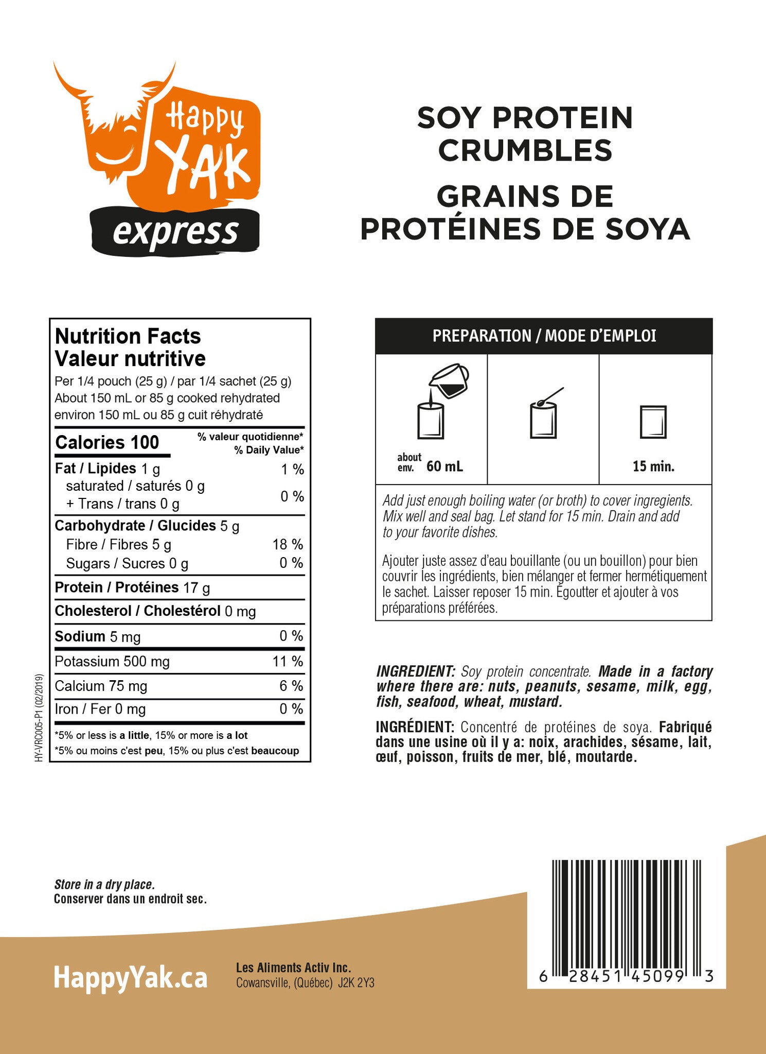 PROTÉINES DE SOJA (100 GR) HAPPY YAK - PLEIN AIR CAMPING ET SURVIE - NOURRITURE