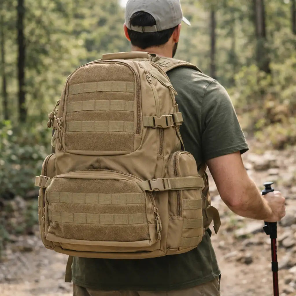 Sac à dos tactique avec plusieurs compartiments et bretelles réglables.