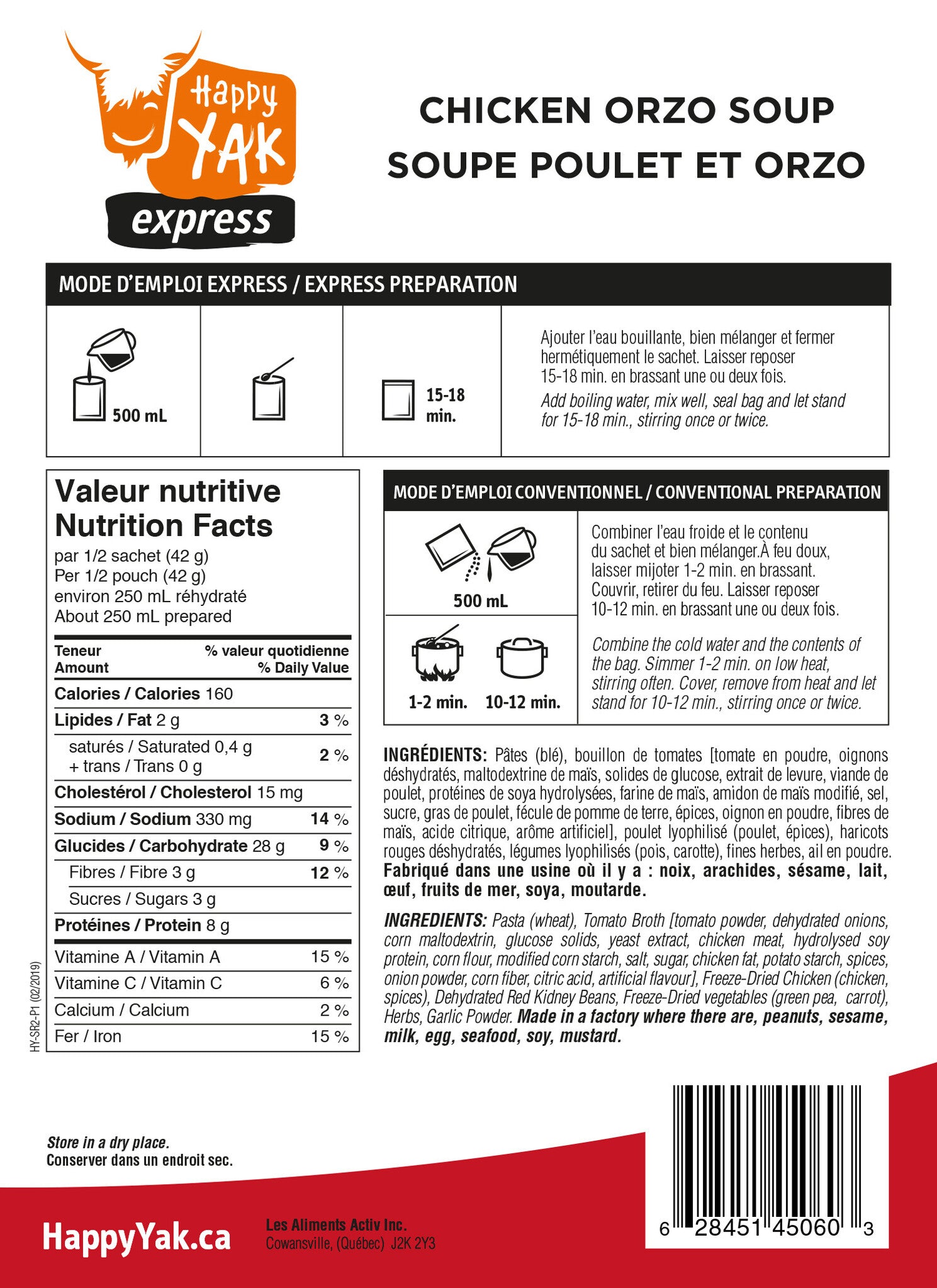 SOUPE POULET ET ORZO HAPPY YAK - PLEIN AIR CAMPING ET SURVIE - NOURRITURE