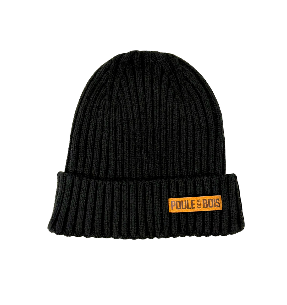 Tuque Beanie Poule des Bois noire, tricot côtelé avec revers et écusson en faux suède