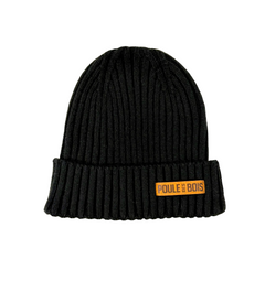 Tuque Beanie Poule des Bois noire, tricot côtelé avec revers et écusson en faux suède