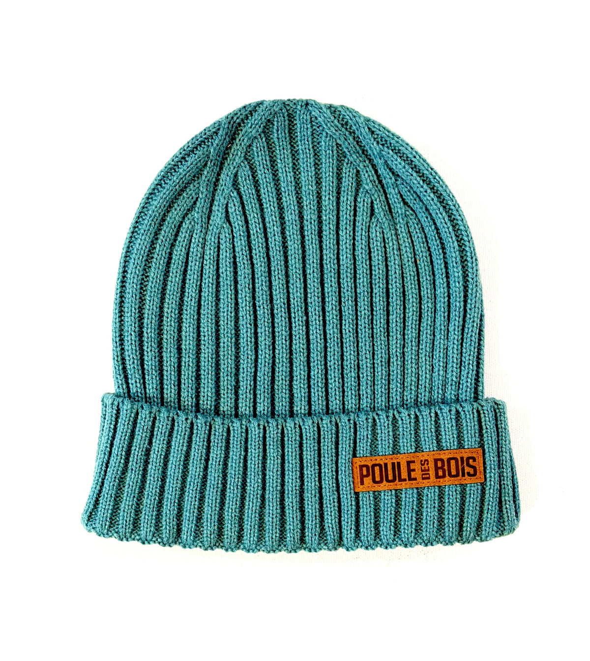 Tuque Beanie Poule des Bois sarcelle, tricot côtelé avec revers et écusson en faux suède