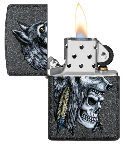 ZIPPO CRÂNE AVEC TÊTE DE LOUP ET PLUMES